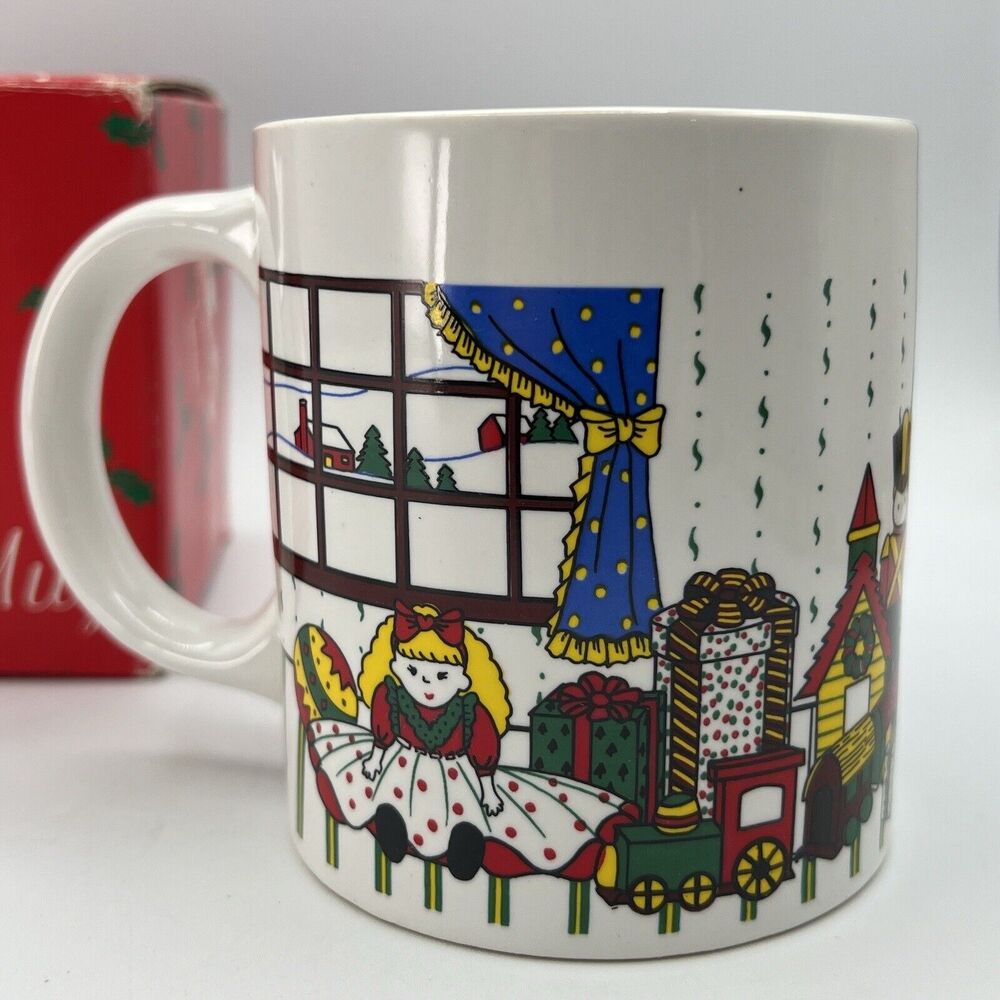 Vtg Musical Christmas Scene Coffee Mug Cup Carols Taiwan Kitsch 1980s Kitschmas